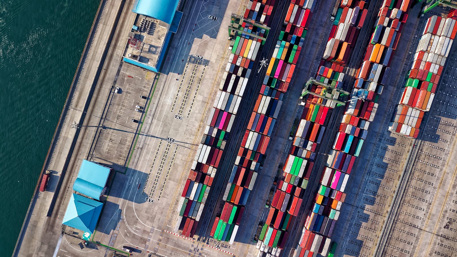 Aerial view of shipping containers at an international port